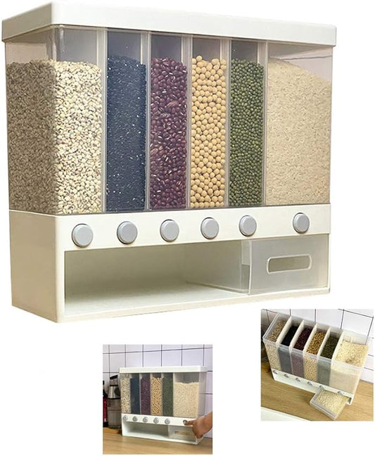Wall-Mounted Dry Food Dispenser 6-Grid Cereal Dispensers Food Storage Container Kitchen Storage Tank for Cereal, Rice, Candy, Coffee Bean