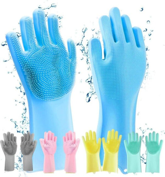 Full Finger Magic Silicone Dish Washing Gloves with Scrubber Heat Resistant | Household |Car Bike - 5starkitchen